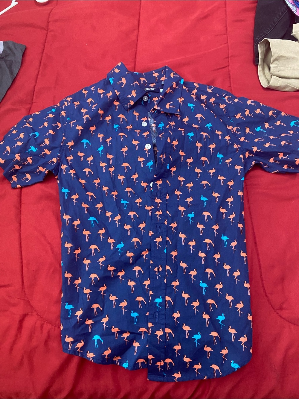 Univibe Navy Short-Sleeve Button-Up with Coral & Teal Flamingo Print